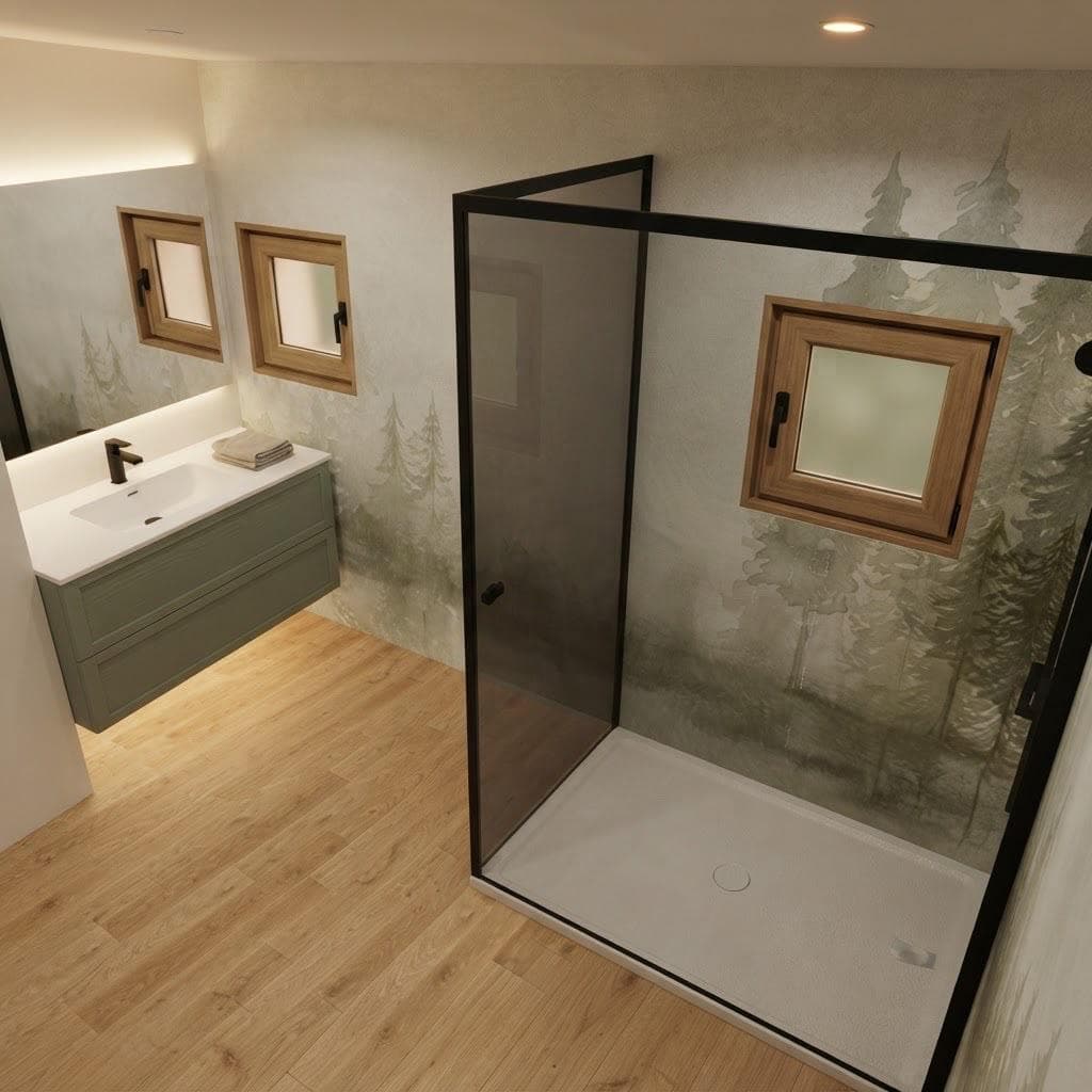 Bagno con doccia walk-in e carta da parati a bosco