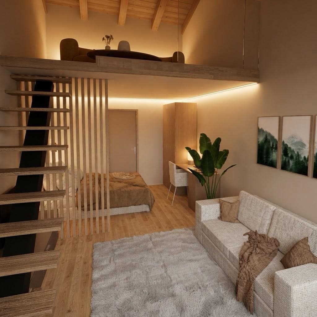 Render of one of the new rooms, with the mezzanine and the view